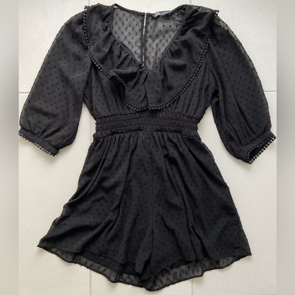Zara Black Sheer Polka Dot Romper – Lined Shorts & Button Back | Size M